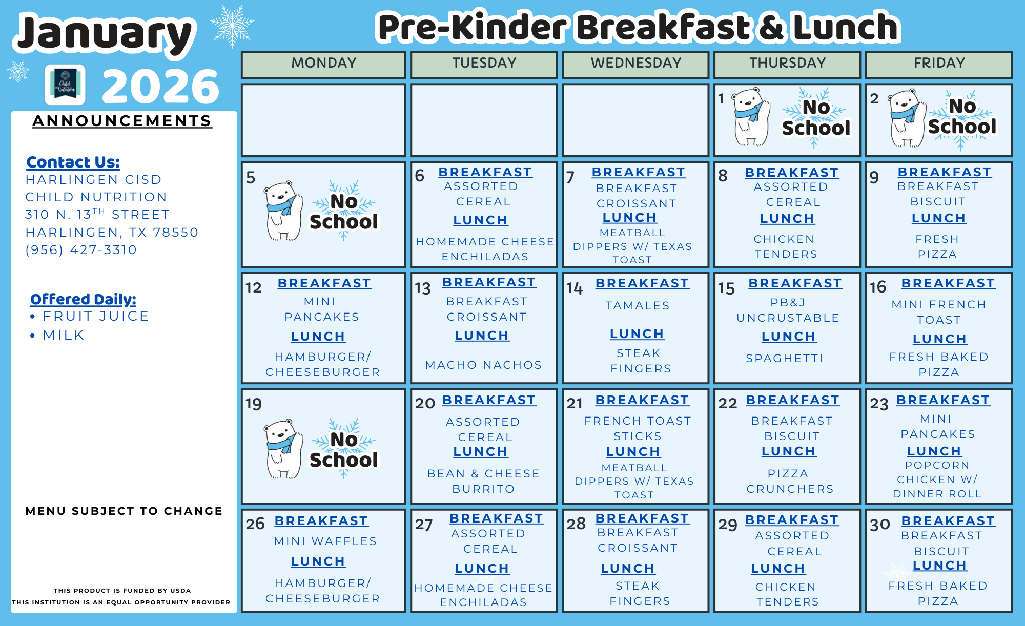 Pre-Kinder/Kinder Updated Menu 12/9/25